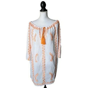 Juliet Dunn London White Orange Floral Embroidered Swim Cover Dress One Size